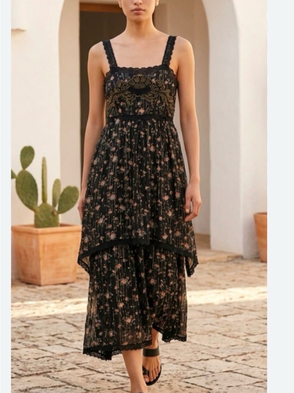 Zara Black Floral High-Low Midi Dress
